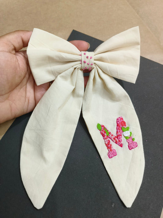 Personalized Embroidered Initial Hair Bow – Cream