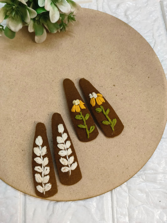 Earthen Blooms – Hand-Embroidered Hair Clips (Set of 2)