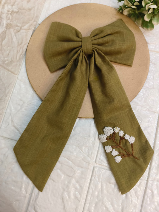 Olive Meadow Embroidered Bow Hair Clip